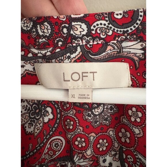 LOFT Red Paisley Print Long Sleeve  Split Neck Fall Career Blouse Size XL - Picture 5 of 11